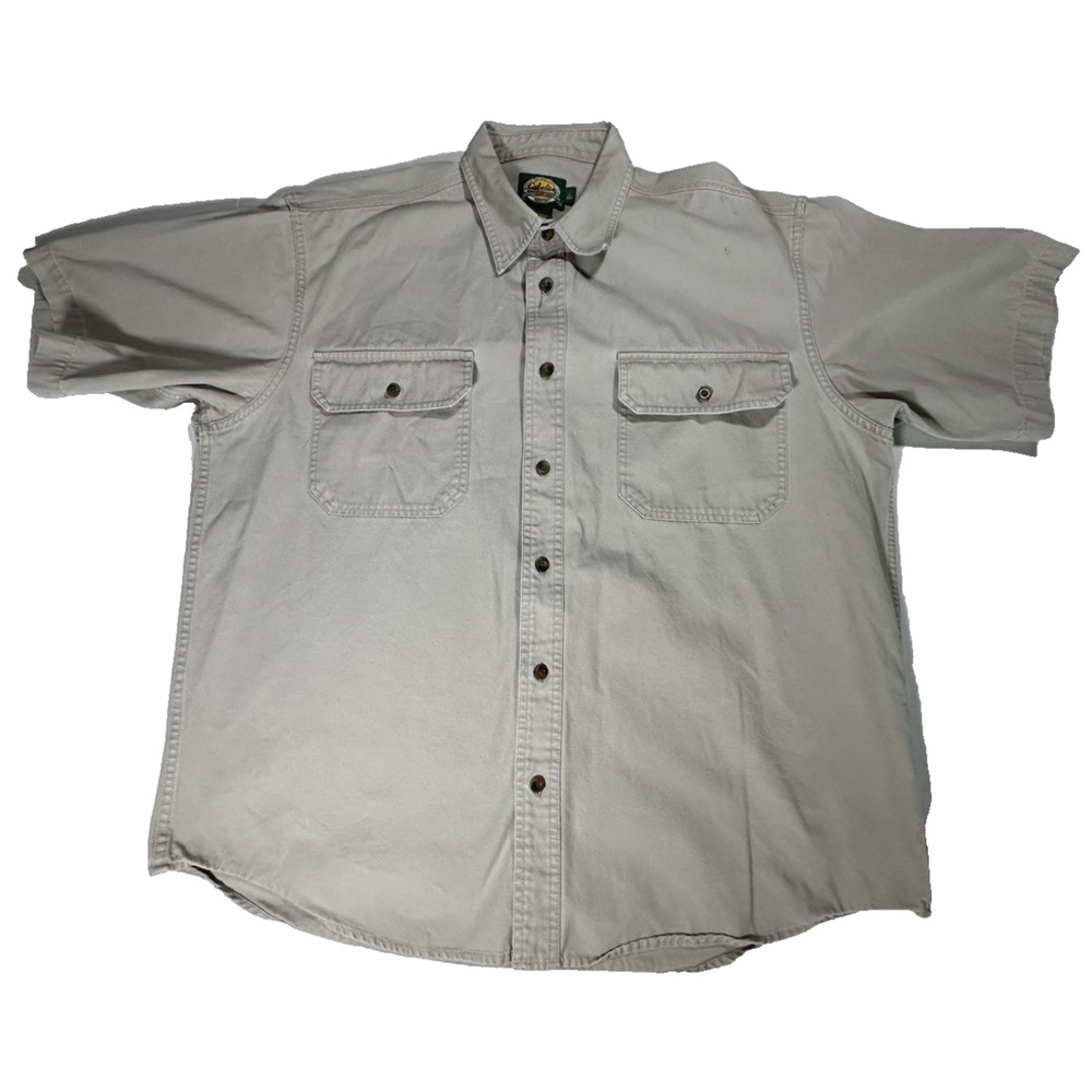 Cabelas Safari Shirt Utility Canvas Khaki/Tan Short Sleeve Sz L Outdoor Gorpcore
